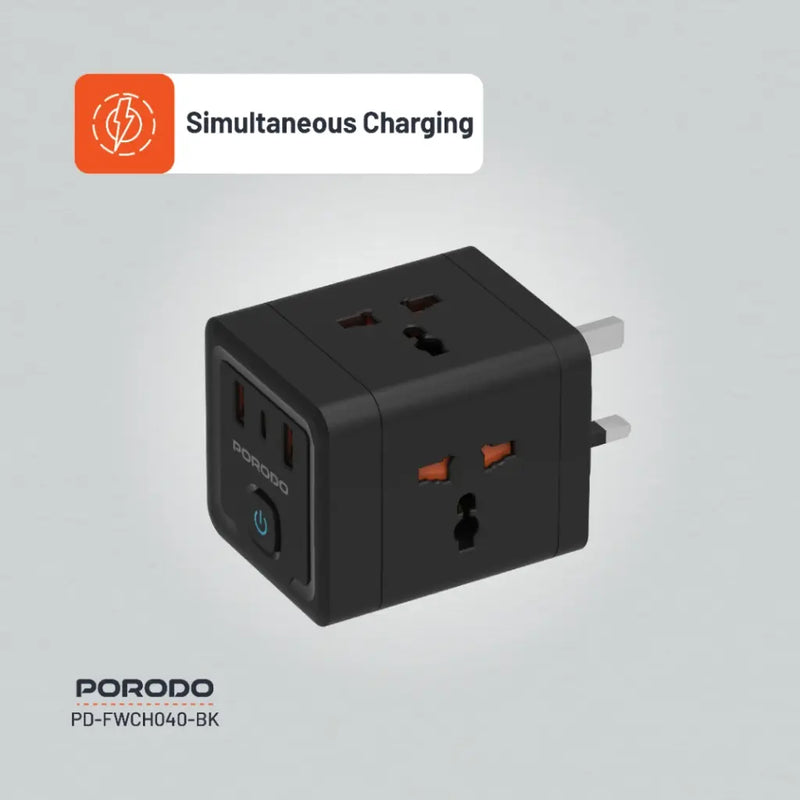 Porodo 4 AC Universal Power Block - Black  - بلاك حائط شحن - بورودو - 1 منفذ تايب سي - 1 منفذ تايب سي - 4 منافذ كهرباء - قوة 20 واط - كفالة 24 شهر