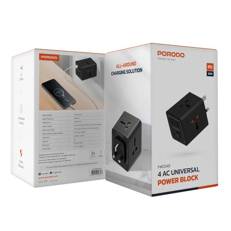 Porodo 4 AC Universal Power Block - Black  - بلاك حائط شحن - بورودو - 1 منفذ تايب سي - 1 منفذ تايب سي - 4 منافذ كهرباء - قوة 20 واط - كفالة 24 شهر