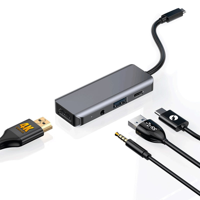 Porodo 4in1 USB-C Hub Type-C PD 100W HDMI USB 3.5mm Aux - Grey - وصلة تايب سي - 4 في 1 - لاجهزة الايباد برو والماك بوك - متعددة الاستخدام - كفالة 24 شهر