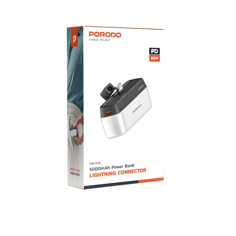 Porodo 5000mAh Power Bank with Lightning Connector - White [O] - بطارية متنقلة + ستاند - مع شاحن ايفون - كفالة 24 شهر