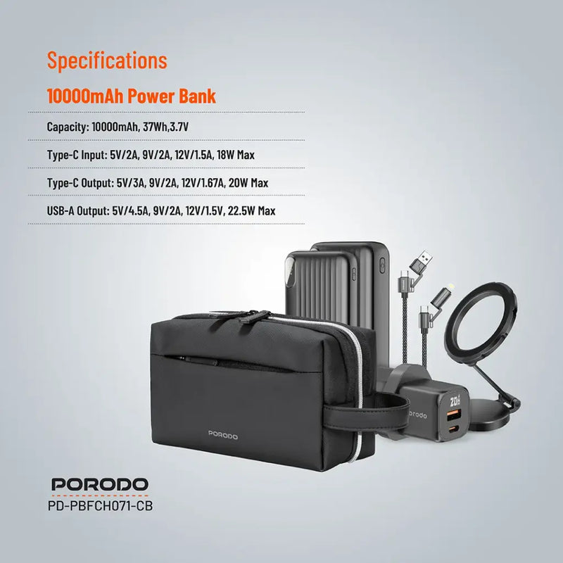 Porodo 6 Essentials in 1 Ultimate Combo - Black - حقيبة السفر - 6 في 1 - حقيبة + بطاريه سعة 20000 مللي امبير + بطاريه سعة 10000 مللي امبير - شاحن حائط قوة 20 واط + سلك شحن 4 في 1 طول 1.2 متر - كفالة 24 شهر