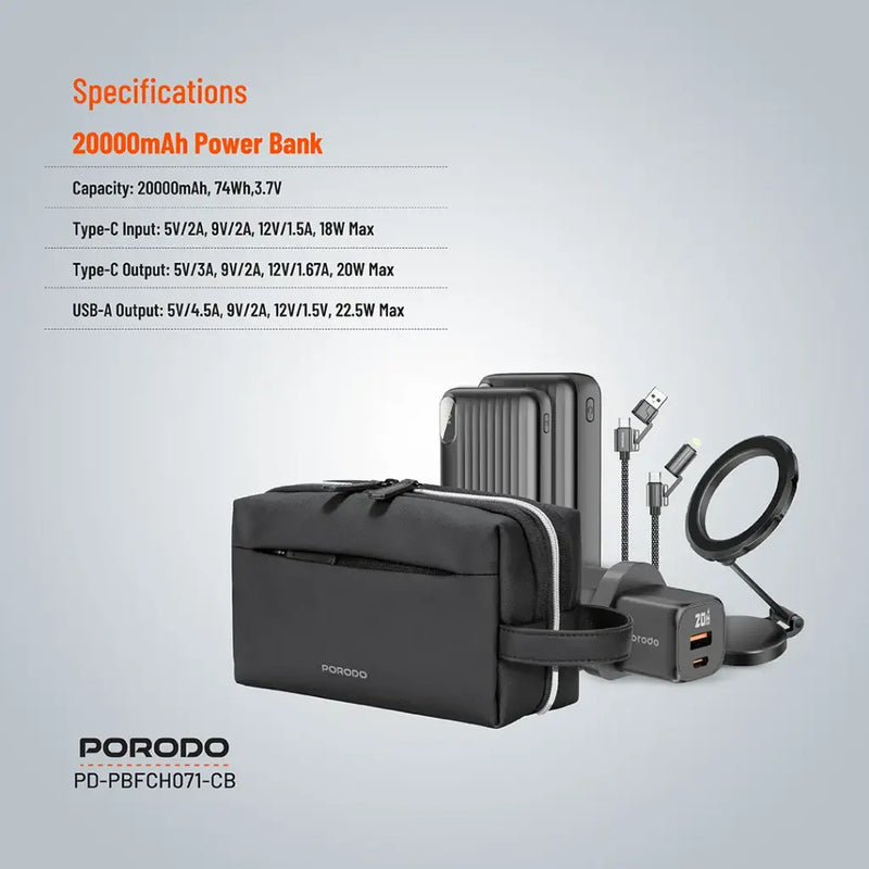 Porodo 6 Essentials in 1 Ultimate Combo - Black - حقيبة السفر - 6 في 1 - حقيبة + بطاريه سعة 20000 مللي امبير + بطاريه سعة 10000 مللي امبير - شاحن حائط قوة 20 واط + سلك شحن 4 في 1 طول 1.2 متر - كفالة 24 شهر