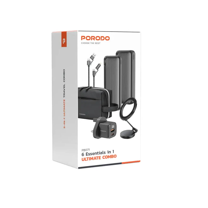 Porodo 6 Essentials in 1 Ultimate Combo - Black - حقيبة السفر - 6 في 1 - حقيبة + بطاريه سعة 20000 مللي امبير + بطاريه سعة 10000 مللي امبير - شاحن حائط قوة 20 واط + سلك شحن 4 في 1 طول 1.2 متر - كفالة 24 شهر