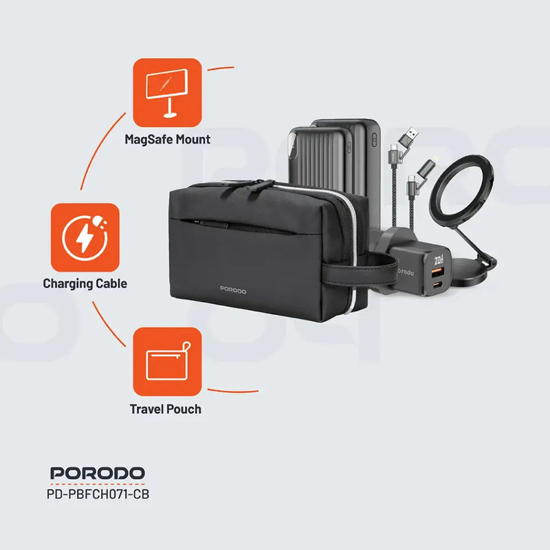 Porodo 6 Essentials in 1 Ultimate Combo - Black - حقيبة السفر - 6 في 1 - حقيبة + بطاريه سعة 20000 مللي امبير + بطاريه سعة 10000 مللي امبير - شاحن حائط قوة 20 واط + سلك شحن 4 في 1 طول 1.2 متر - كفالة 24 شهر