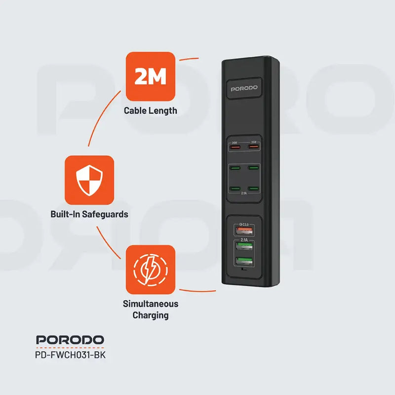 Porodo 85W Multi-Port USB Charging HUB - Black - موزع شحن  - 9 منافذ للشحن السريع - كيبل طول 2 متر - قوة 85 واط - كفالة 24 شهر