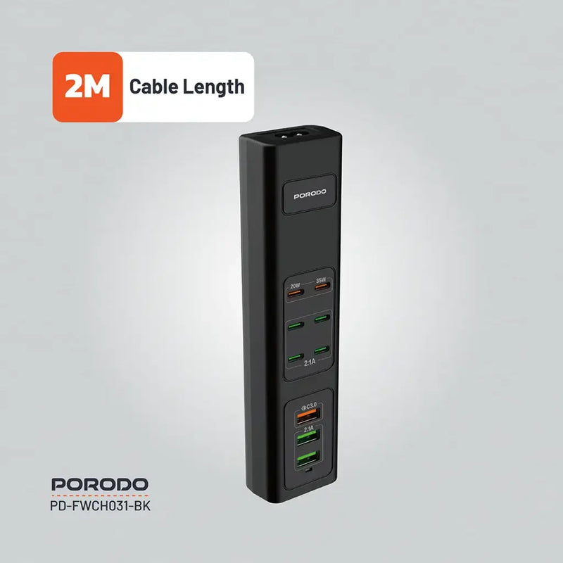 Porodo 85W Multi-Port USB Charging HUB - Black - موزع شحن  - 9 منافذ للشحن السريع - كيبل طول 2 متر - قوة 85 واط - كفالة 24 شهر