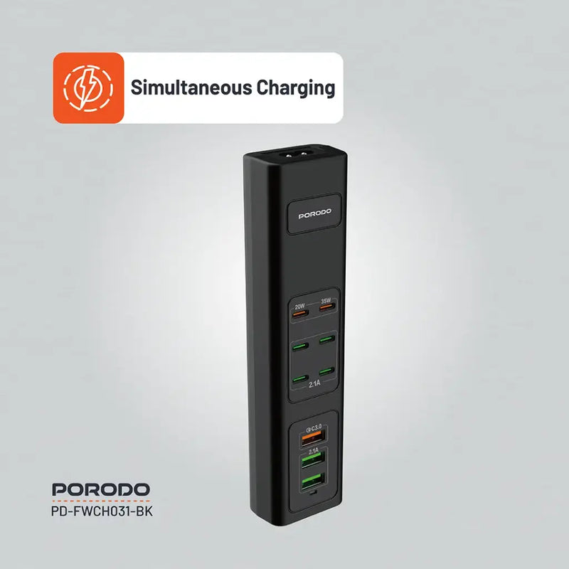 Porodo 85W Multi-Port USB Charging HUB - Black - موزع شحن  - 9 منافذ للشحن السريع - كيبل طول 2 متر - قوة 85 واط - كفالة 24 شهر
