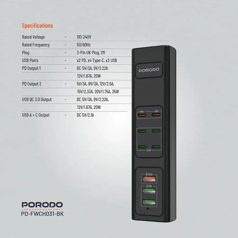 Porodo 85W Multi-Port USB Charging HUB - Black - موزع شحن  - 9 منافذ للشحن السريع - كيبل طول 2 متر - قوة 85 واط - كفالة 24 شهر