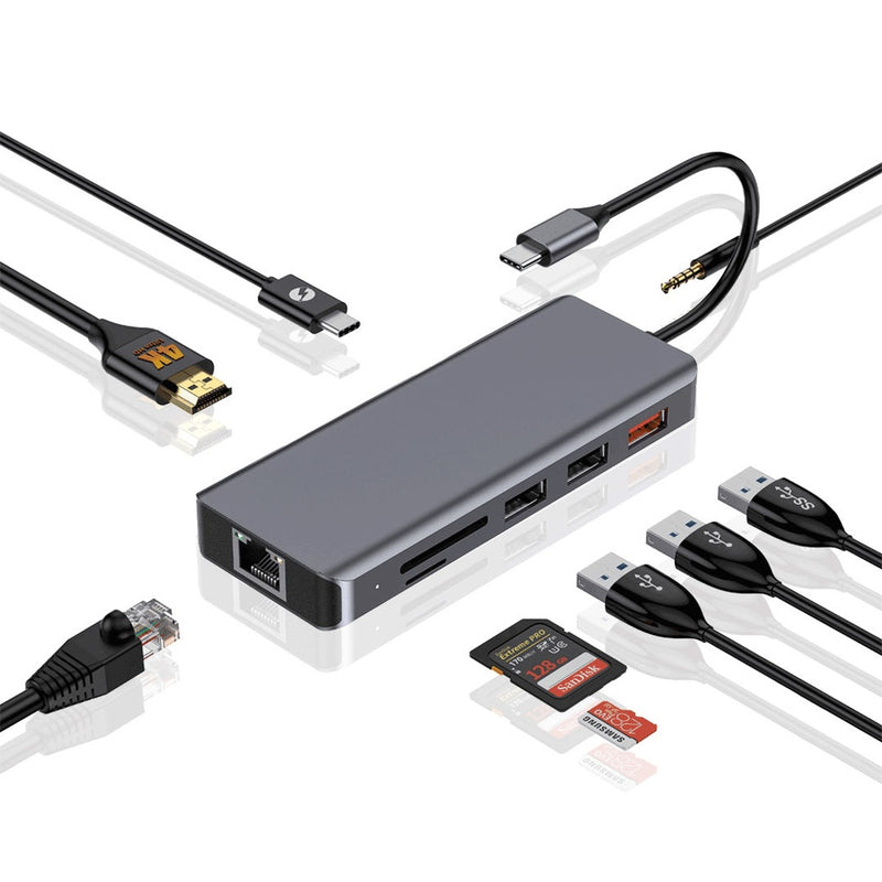 Porodo 9in1 USB-C Hub Type-C PD 100W HDMI Ethernet USB SD Card 3.5mm Aux - Grey - وصلة تايب سي - 9 في 1 - لاجهزة الايباد برو والماك بوك - متعددة الاستخدام - كفالة 12 شهر