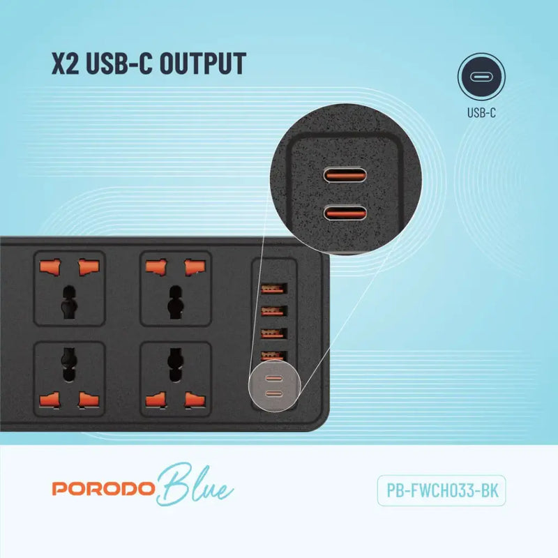 Porodo Blue 6 AC - Dual Switch Power Strip - Black - موزع شاحن حائط - 6 فتحات للكهرباء - 4 فتحات يو اس بي - 2 فتحة تايب سي - طول 3 متر - 12 في 1 - كفالة 12 شهر