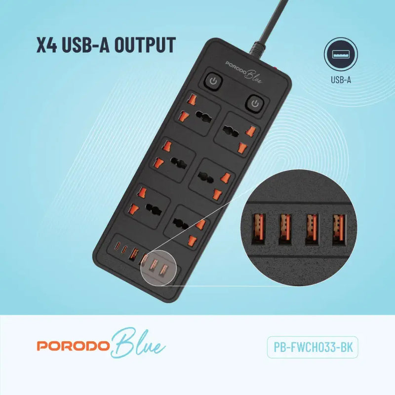 Porodo Blue 6 AC - Dual Switch Power Strip - Black - موزع شاحن حائط - 6 فتحات للكهرباء - 4 فتحات يو اس بي - 2 فتحة تايب سي - طول 3 متر - 12 في 1 - كفالة 12 شهر