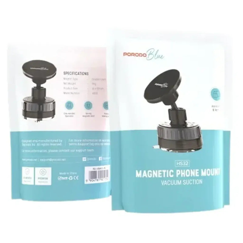 Porodo Blue Magnetic Phone Mount - Black - ستاند سيارة مناسب لجميع انواع الاجهزة - دوران 360 درجة - مغناطيس - شفط بدون شحن - بورودو
