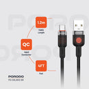 Porodo Braided Cable USB-A to USB-C - Black - سلك شحن - برودو - تايب سي - طول 1.2 متر - كفالة 12 شهر