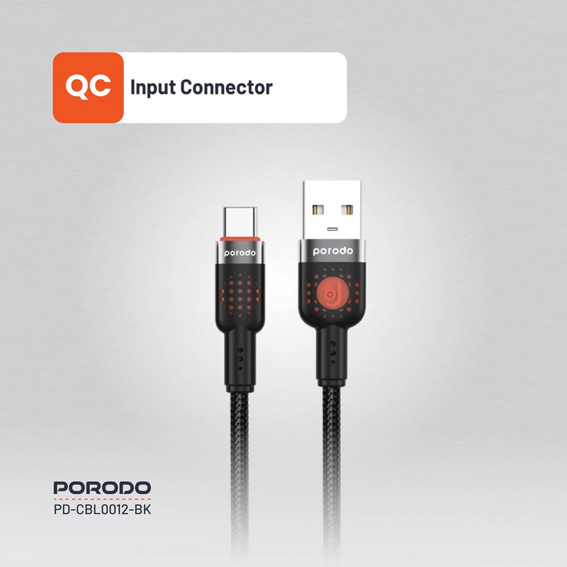 Porodo Braided Cable USB-A to USB-C - Black - سلك شحن - برودو - تايب سي - طول 1.2 متر - كفالة 12 شهر