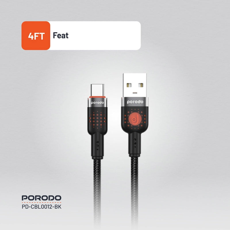 Porodo Braided Cable USB-A to USB-C - Black - سلك شحن - برودو - تايب سي - طول 1.2 متر - كفالة 12 شهر