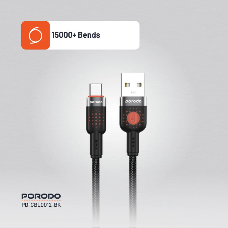 Porodo Braided Cable USB-A to USB-C - Black - سلك شحن - برودو - تايب سي - طول 1.2 متر - كفالة 12 شهر