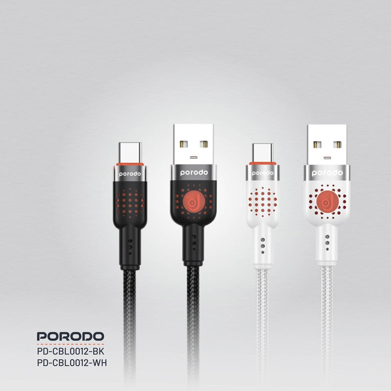 Porodo Braided Cable USB-A to USB-C - Black - سلك شحن - برودو - تايب سي - طول 1.2 متر - كفالة 12 شهر