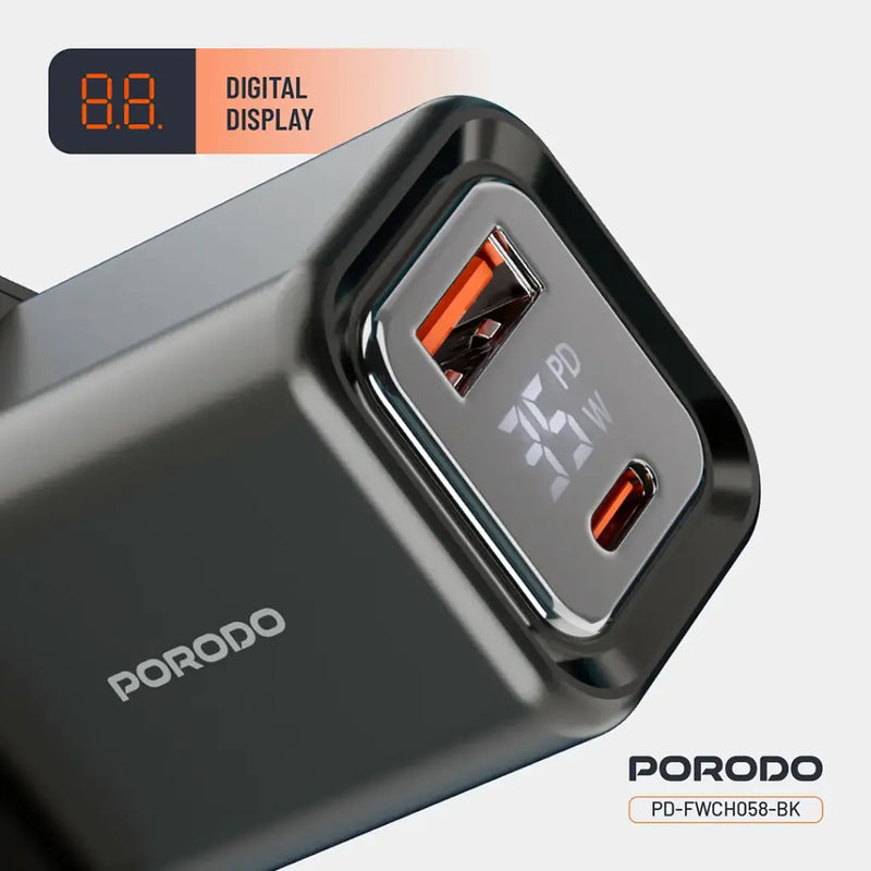 Porodo Dual-Port | Digital Display Quick Charger with Cable 35W - بلاك شاحن حائط + سلك شحن ايفون - فتحتين للشحن35 واط - بورودو - كفالة 24 شهر
