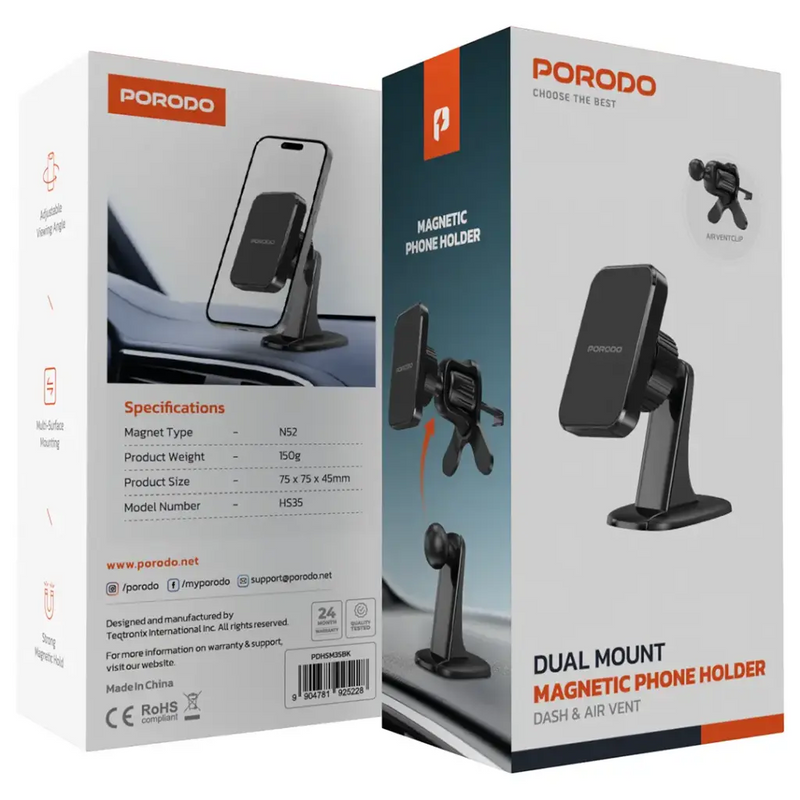 Porodo Dual Mount Magnetic Phone Holder - Black [O]- ستاند سيارة مناسب لجميع انواع الاجهزة - مغناطيس - قاعدة لزق + فتحة تكييف - بورودو