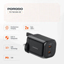 Porodo GaN 45W Dual USB-C Wall Charger with Power Display - Black - بلاك شاحن حائط - فتحتين للشحن 45 واط - بورودو - كفالة 24 شهر