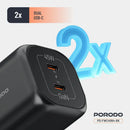 Porodo GaN 45W Dual USB-C Wall Charger with Power Display - Black - بلاك شاحن حائط - فتحتين للشحن 45 واط - بورودو - كفالة 24 شهر