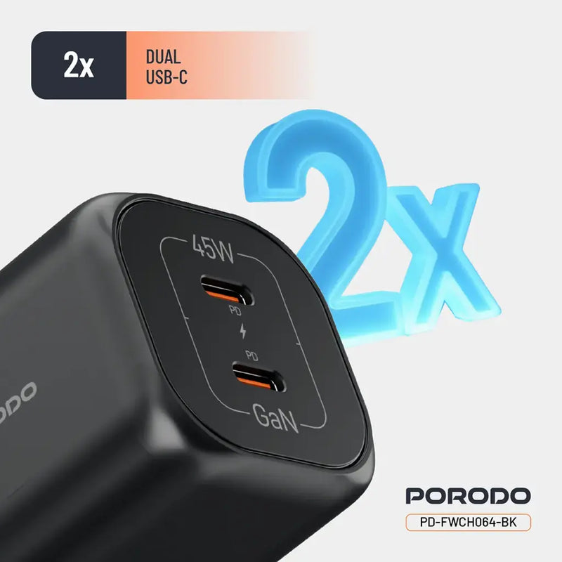 Porodo GaN 45W Dual USB-C Wall Charger with Power Display - Black - بلاك شاحن حائط - فتحتين للشحن 45 واط - بورودو - كفالة 24 شهر