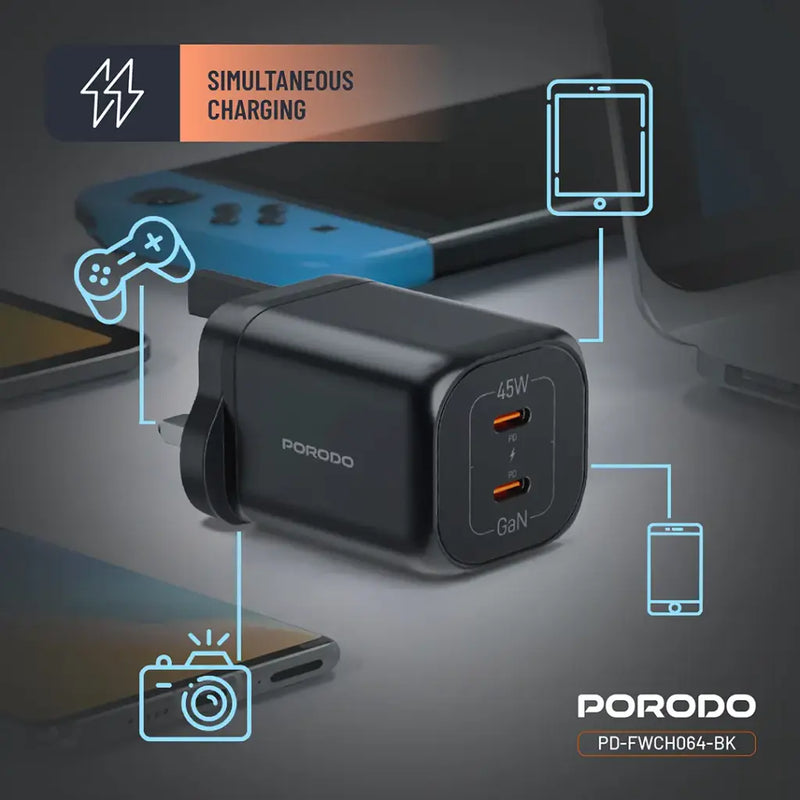 Porodo GaN 45W Dual USB-C Wall Charger with Power Display - Black - بلاك شاحن حائط - فتحتين للشحن 45 واط - بورودو - كفالة 24 شهر