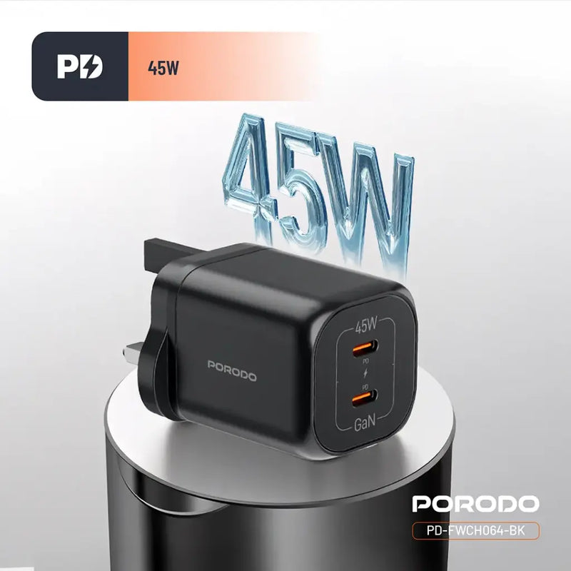 Porodo GaN 45W Dual USB-C Wall Charger with Power Display - Black - بلاك شاحن حائط - فتحتين للشحن 45 واط - بورودو - كفالة 24 شهر