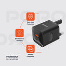 Porodo Dual port Wall Charger UK - Black - شاحن حائط - قوة 20 واط - 2 فتحتين للشحن السريع - 1 تايب سي بي دي - 1 يو اس بي  - كفالة 12 شهر