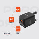 Porodo Dual port Wall Charger UK - Black - شاحن حائط - قوة 20 واط - 2 فتحتين للشحن السريع - 1 تايب سي بي دي - 1 يو اس بي  - كفالة 12 شهر