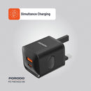 Porodo Dual port Wall Charger UK - Black - شاحن حائط - قوة 20 واط - 2 فتحتين للشحن السريع - 1 تايب سي بي دي - 1 يو اس بي  - كفالة 12 شهر