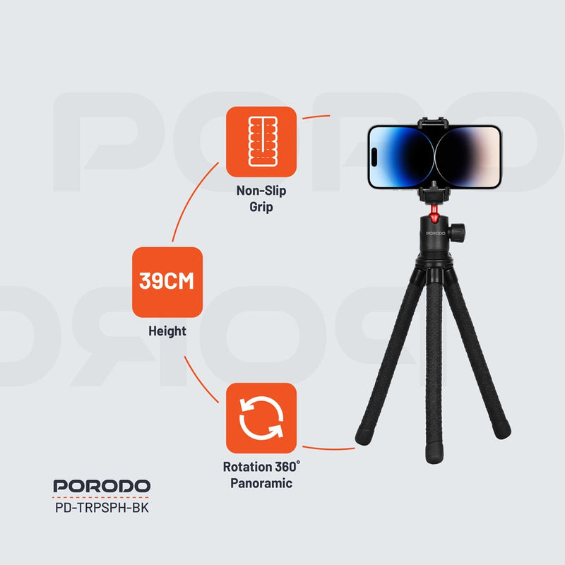 Porodo Flexible Tripod Stand - Black [O] - ستاند ترايبود متنقل للهاتف او الكاميرا - بورودو - متعدد الارتفاعات والزوايا