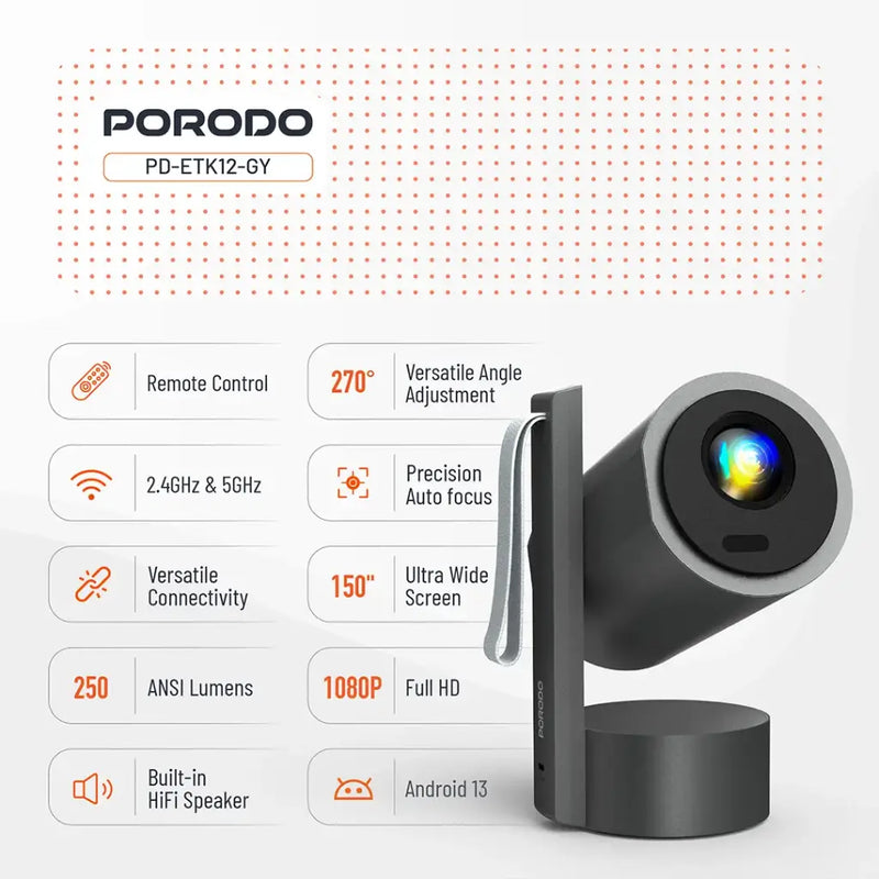 Porodo Full HD Smart Projector - Gray - بروجكتور متنقل + بطارية تدوم حتى 2 ساعة شغل متواصل - كفالة 12 شهر