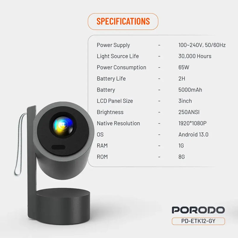 Porodo Full HD Smart Projector - Gray - بروجكتور متنقل + بطارية تدوم حتى 2 ساعة شغل متواصل - كفالة 12 شهر