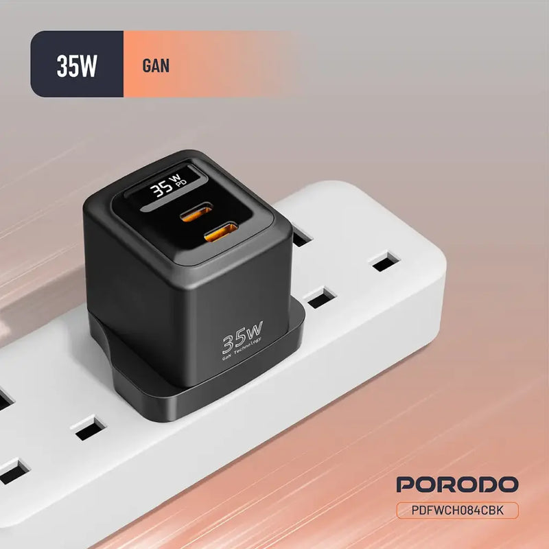 Porodo GaN 35W Dual USB-C Wall Charger with Power Display - Black - بلاك شاحن حائط - فتحتين للشحن 35 واط - بورودو - كفالة 24 شهر