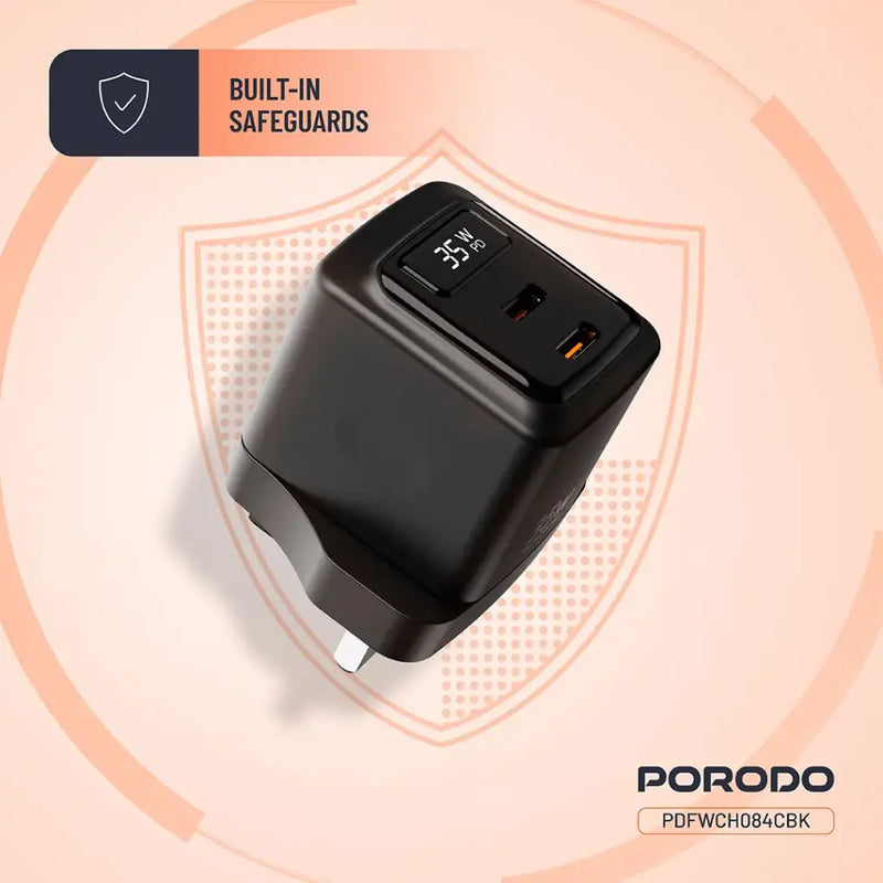 Porodo GaN 35W Dual USB-C Wall Charger with Power Display - Black - بلاك شاحن حائط - فتحتين للشحن 35 واط - بورودو - كفالة 24 شهر