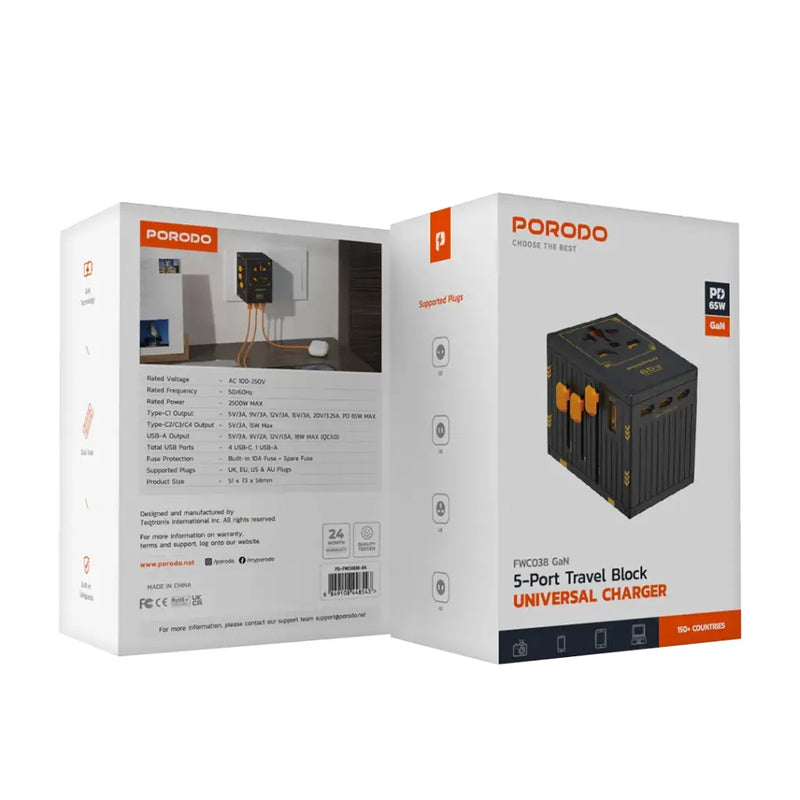 Porodo GaN 5-Port Travel Block Universal Charger - 65w [O] - بلاك حائط شحن دولي - بورودو - 4 منافذ تايب سي - 1 منفذ يو اس بي - 1 منفذ كهرباء - قوة 65 واط - كفالة 24 شهر
