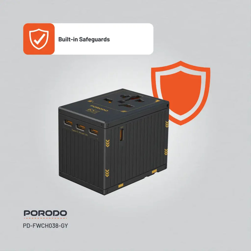 Porodo GaN 5-Port Travel Block Universal Charger - 65w [O] - بلاك حائط شحن دولي - بورودو - 4 منافذ تايب سي - 1 منفذ يو اس بي - 1 منفذ كهرباء - قوة 65 واط - كفالة 24 شهر