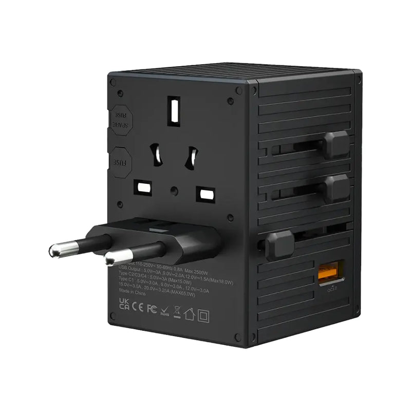 Porodo GaN 5-Port Travel Block Universal Charger - 65w [O] - بلاك حائط شحن دولي - بورودو - 4 منافذ تايب سي - 1 منفذ يو اس بي - 1 منفذ كهرباء - قوة 65 واط - كفالة 24 شهر
