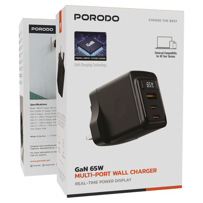 Porodo GaN 65W Multi-Port Wall Charger - Black - بلاك شاحن حائط - فتحتين تايب سي - فتحة يو اس بي - قوة 65 واط - بورودو - كفالة 24 شهر