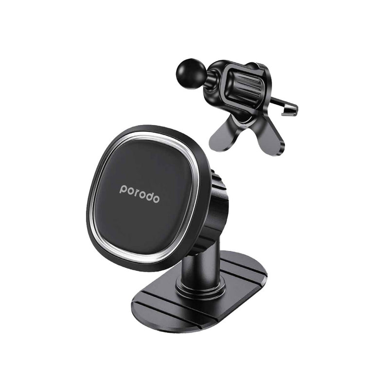 Porodo Universal Dual Mode Magnetic Phone Mount - Black [O]- ستاند سيارة مناسب لجميع انواع الاجهزة - مغناطيس - قاعدة لزق + فتحة تكييف - بورودو