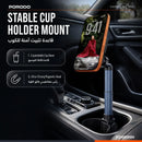 Porodo Kairo 2-in-1 Car Cup Holder & Phone Mount with Magnetic & Clamp Holder Interchangeable Heads – Black - ستاند سيارة - القاعدة مكان الكوب + حامل كوب - دوران 360 درجة - مغناطيسي ومسكة - ذراع طويل