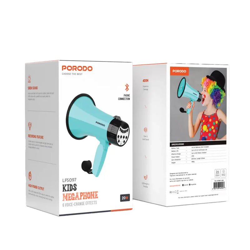 Porodo Kids Megaphone - Sky Blue [O] - ميكروفون - مكبر صوت للأطفال - بورودو - كفالة 24 شهر