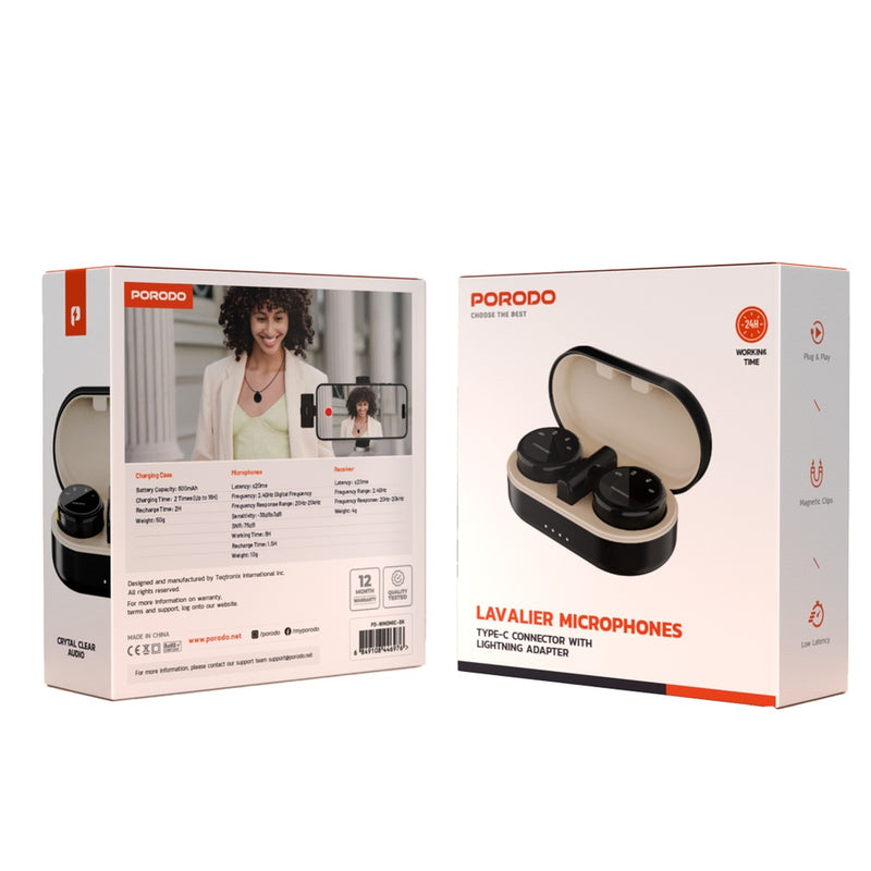 Porodo Lavalier Microphones Type-C Connector With Lightning Adapter [O] - مايكروفون للتصوير - عدد 2 ميكروفون - منفذ شحن أيفون لايتينينغ + منفذ شحن تايب سي - بورودو - كفالة 24 شهر
