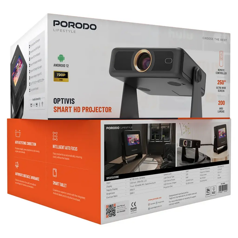 Porodo LifeStyle Optivis Smart HD Projector - Black - بروجكتور متنقل + شاشة دجيتال - كفالة 12 شهر