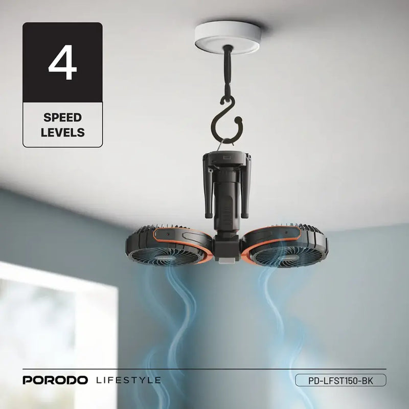 Porodo Lifestyle Dual-Head Oscillating Fan - Black [O] - باور بنك - قوة 4000 + مروحة صغيرة - 3 سرعات مختلفة - برودو -  كفالة 24 شهر