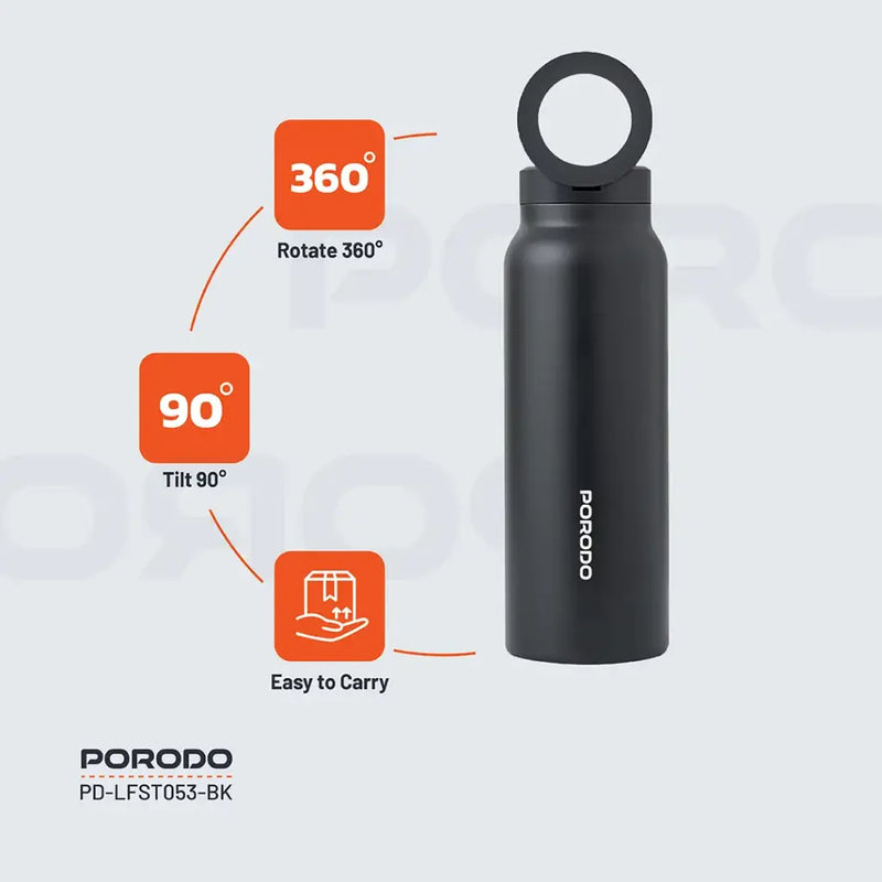 Porodo Lifestyle Magnetic Mount Water Bottle - 700ml - Black - مطارة حافظة للحرارة - ستاند ماغ سيف - بورودو