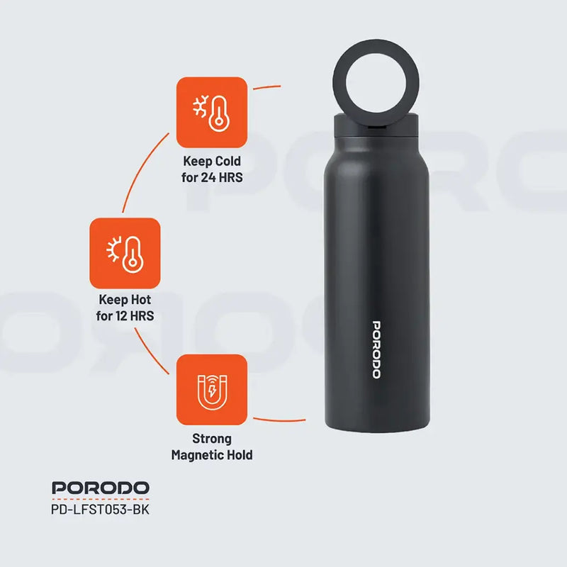 Porodo Lifestyle Magnetic Mount Water Bottle - 700ml - Black - مطارة حافظة للحرارة - ستاند ماغ سيف - بورودو