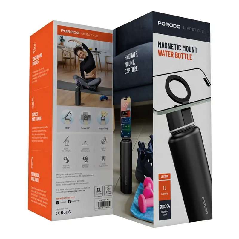 Porodo Lifestyle Magnetic Mount Water Bottle 1L - مطارة حافظة للحرارة - ستاند ماغ سيف - بورودو