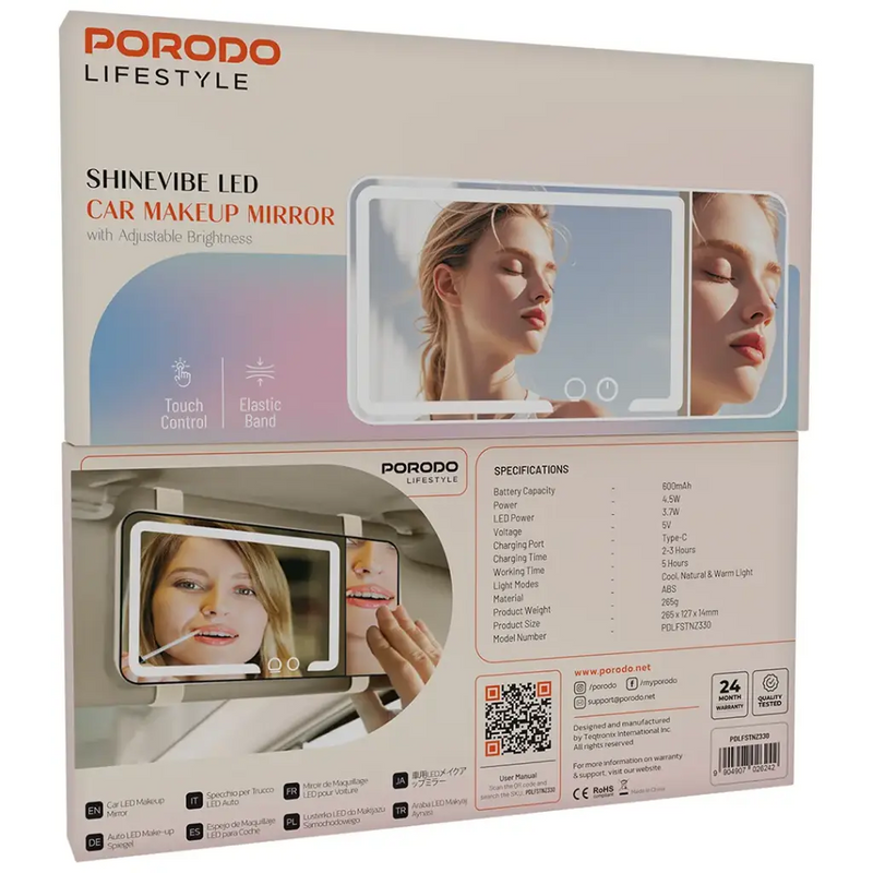 Porodo Lifestyle Shinevibe LED Car Makeup Mirror - Clear مرايا مع اضاءة ميك اب  - بورودو - كفالة 24 شهر